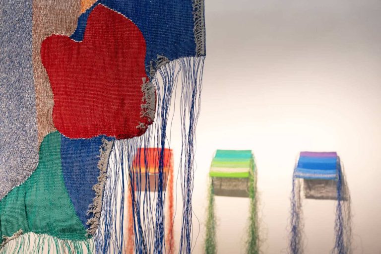 Ткани текстил Контекст колектива, са смелим црвеним, плавим и зеленим облицима, виси поред два шарена правоугаона предмета. Лабаве плаве нити се спуштају надоле, евоцирајући теме уметности и солидарности у живописном приказу активистичког духа.