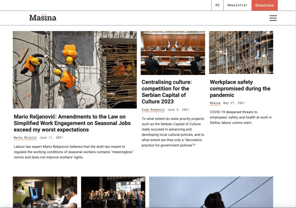 Почетна страница новинског веб-сајта са чланцима са сликама, насловима и резимеима о изменама закона, културним пројектима и безбедности на раду током пандемије. Распоред мреже истиче колективну уметност и активизам за већу солидарност.
