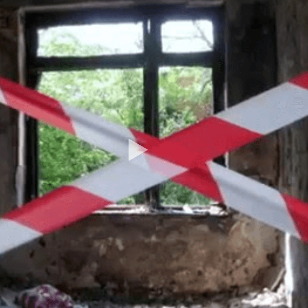 Прозор са разбијеним стаклом и угљенисаним оквиром блокиран је црвено-белом упозоравајућом траком у облику слова X, евоцирајући теме солидарности и активизма. Зелено лишће је видљиво напољу, наговештавајући наду изван штете.